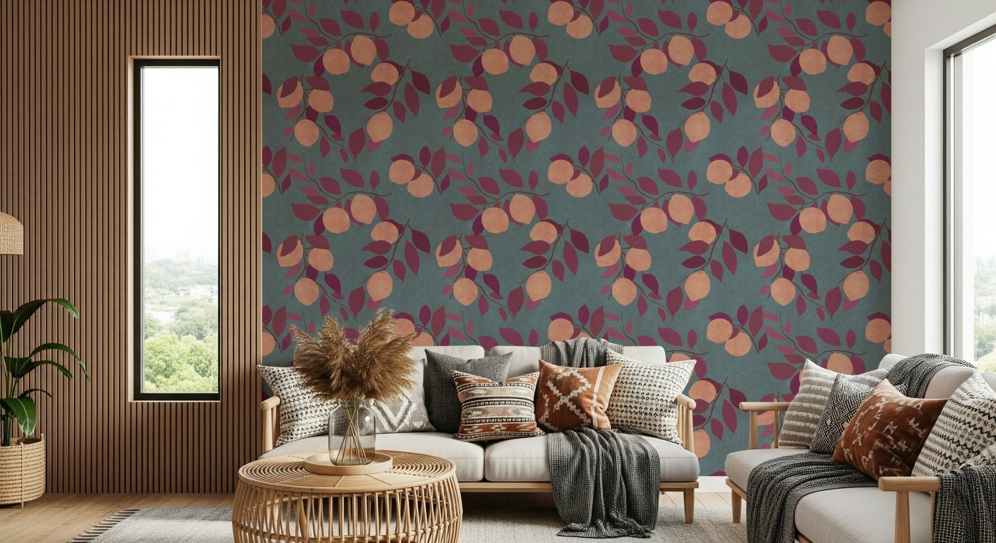 Citrus Bliss Wallpaper wallpaper mural in a modern apartment lounge.