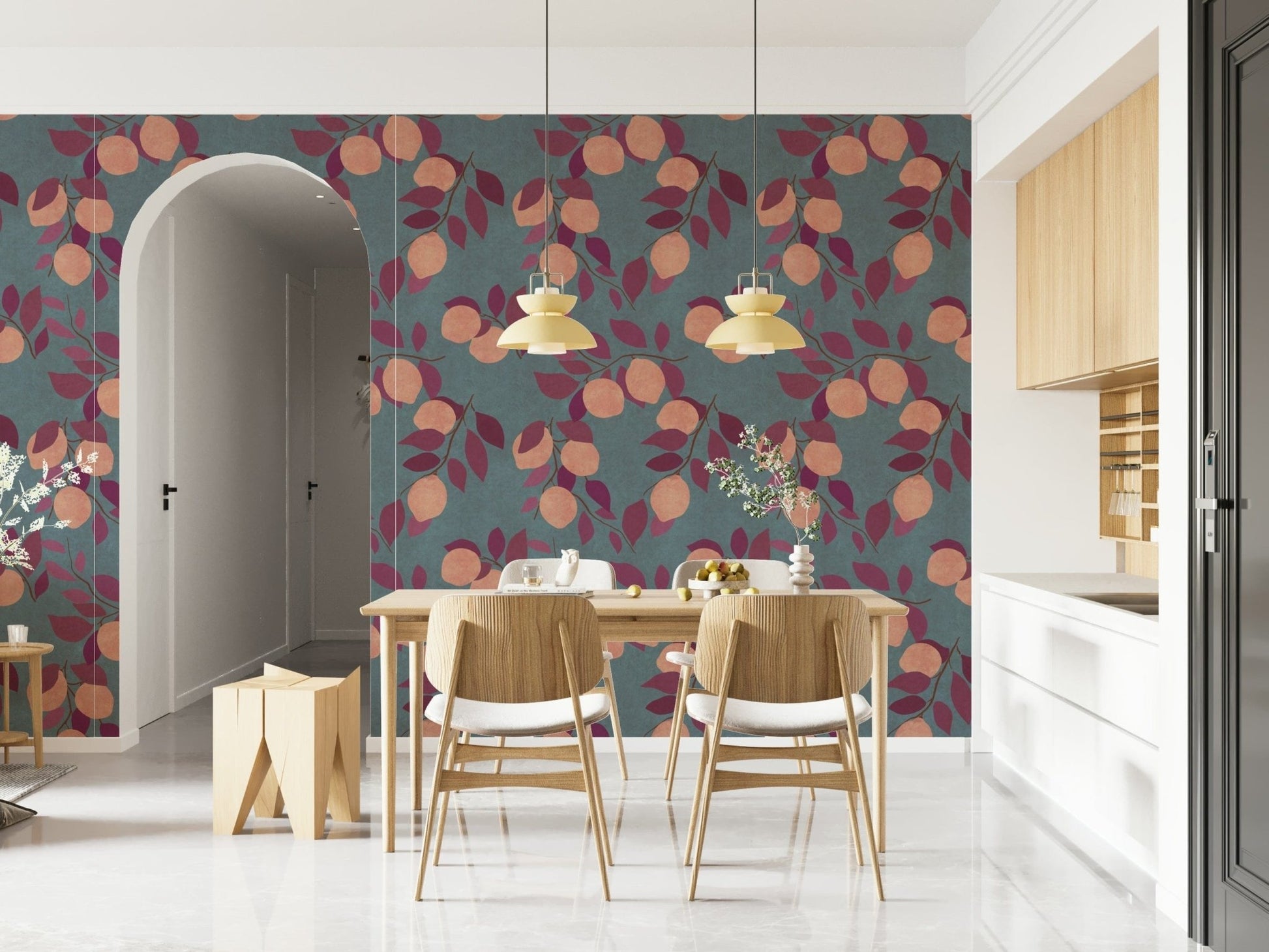 Artistic botanical fruit wallpaper mural for a guest room wall.