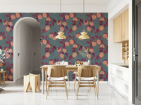 Artistic botanical fruit wallpaper mural for a guest room wall.