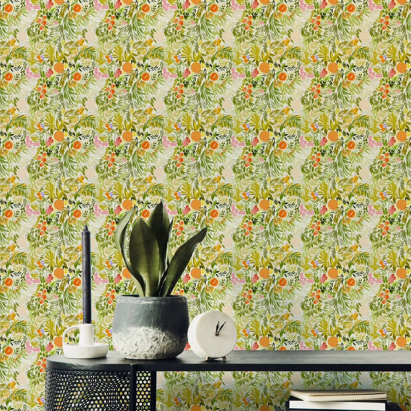 A close-up of the detailed texture in the citrus and floral design.

