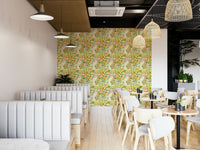 The wallpaper is used to create a feature wall in a dining room.

