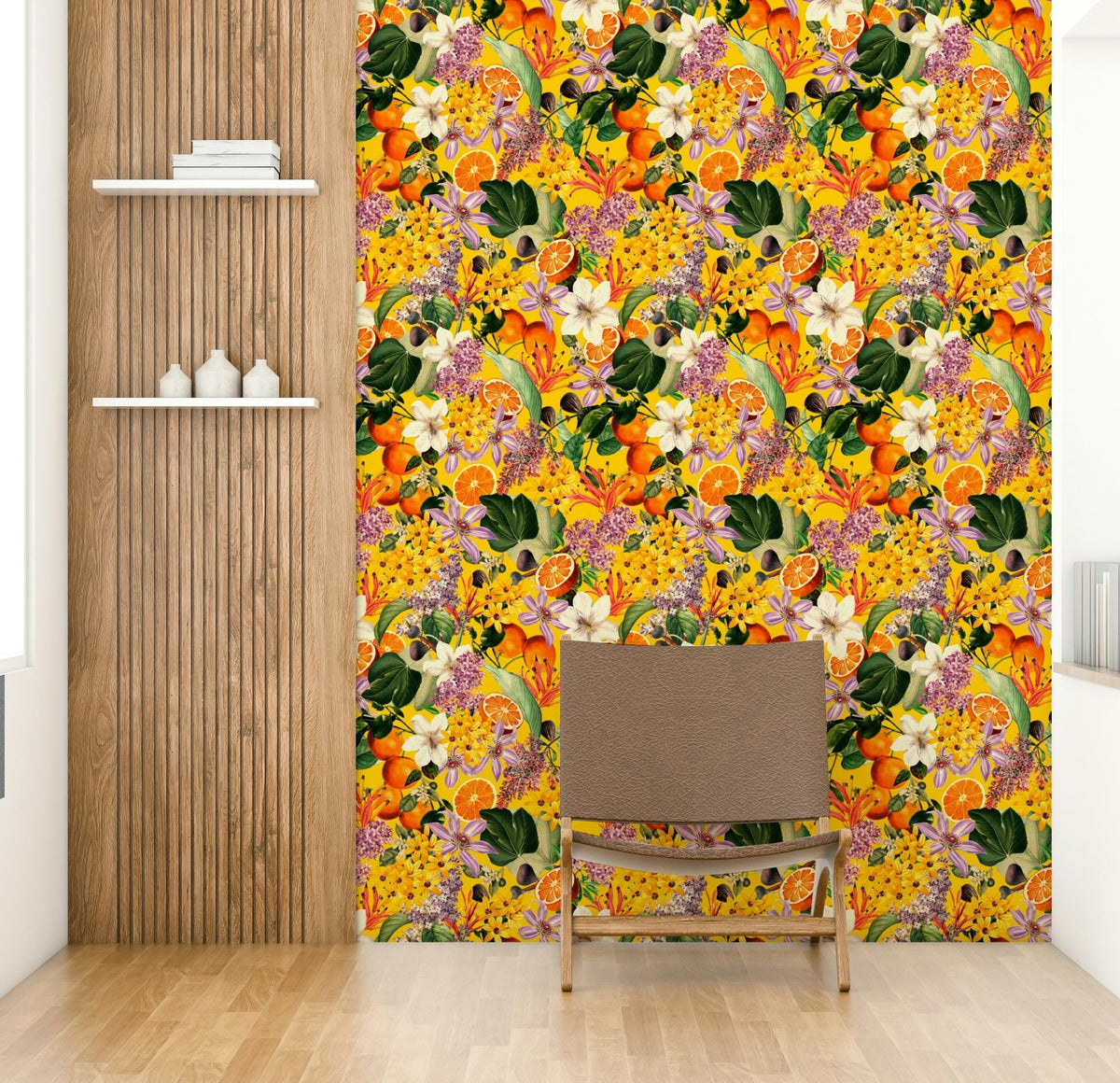 Modern citrus-themed wallpaper in living room, GD1366