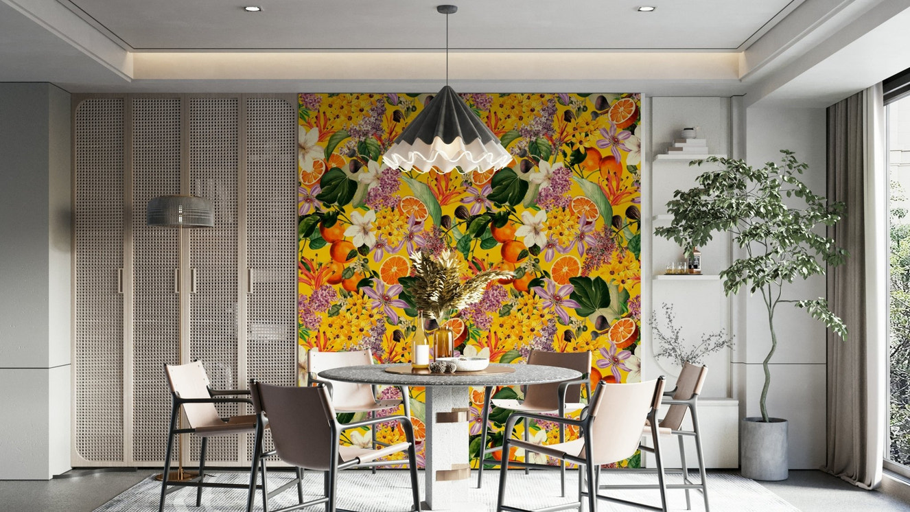 Bright botanical citrus blossom wallpaper design

