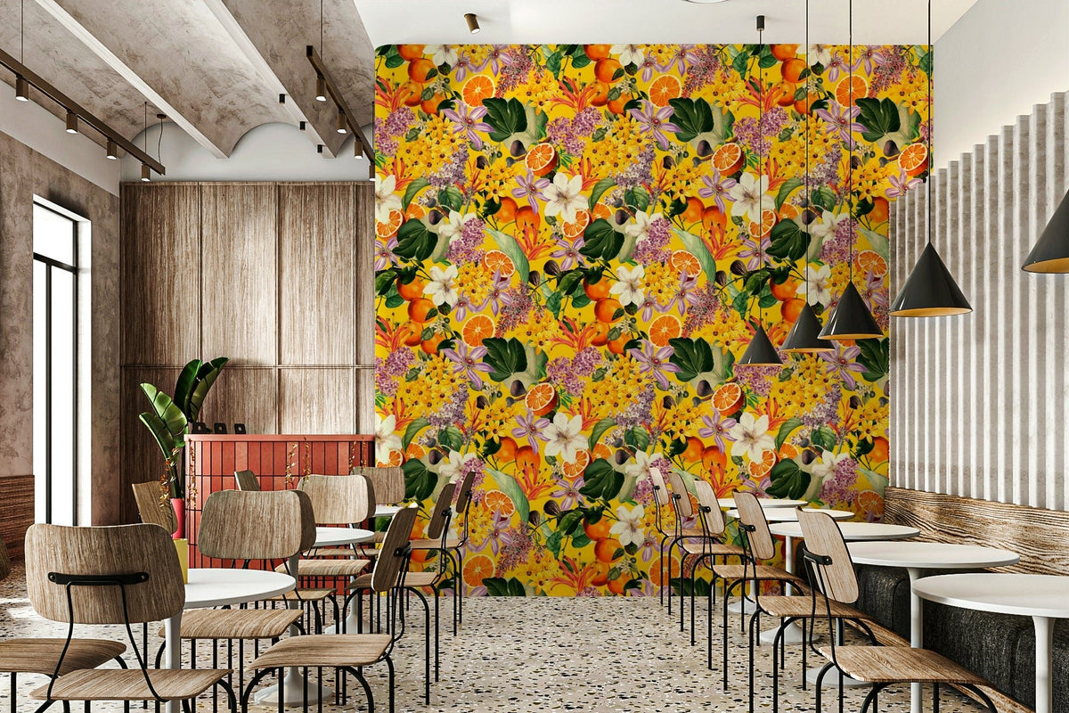 Bold citrus wallpaper mural with fruit blooms, GD1366