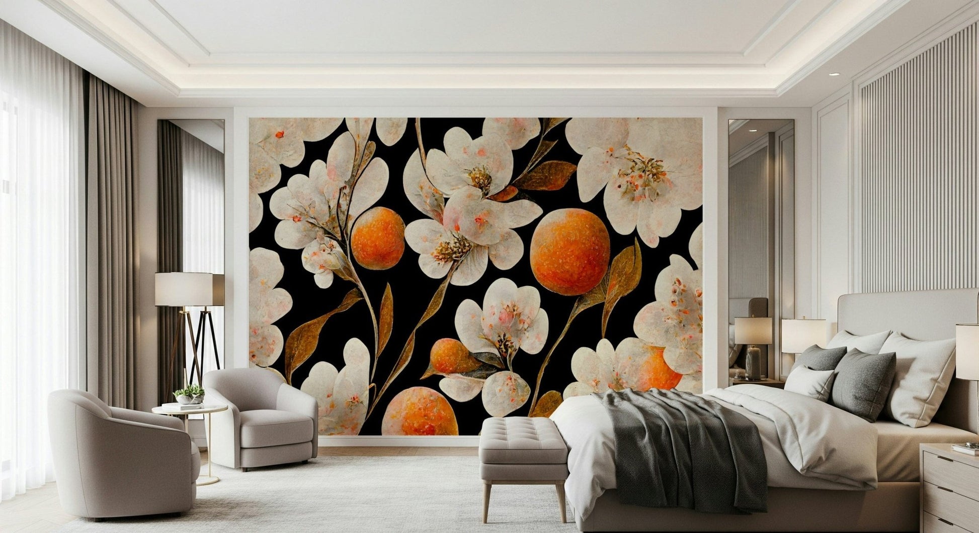 A classic floral wallpaper for walls with a citrus theme., GD5303