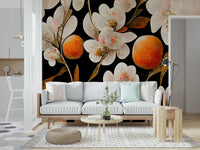A serene floral pattern wall mural with vibrant orange fruit., GD5303