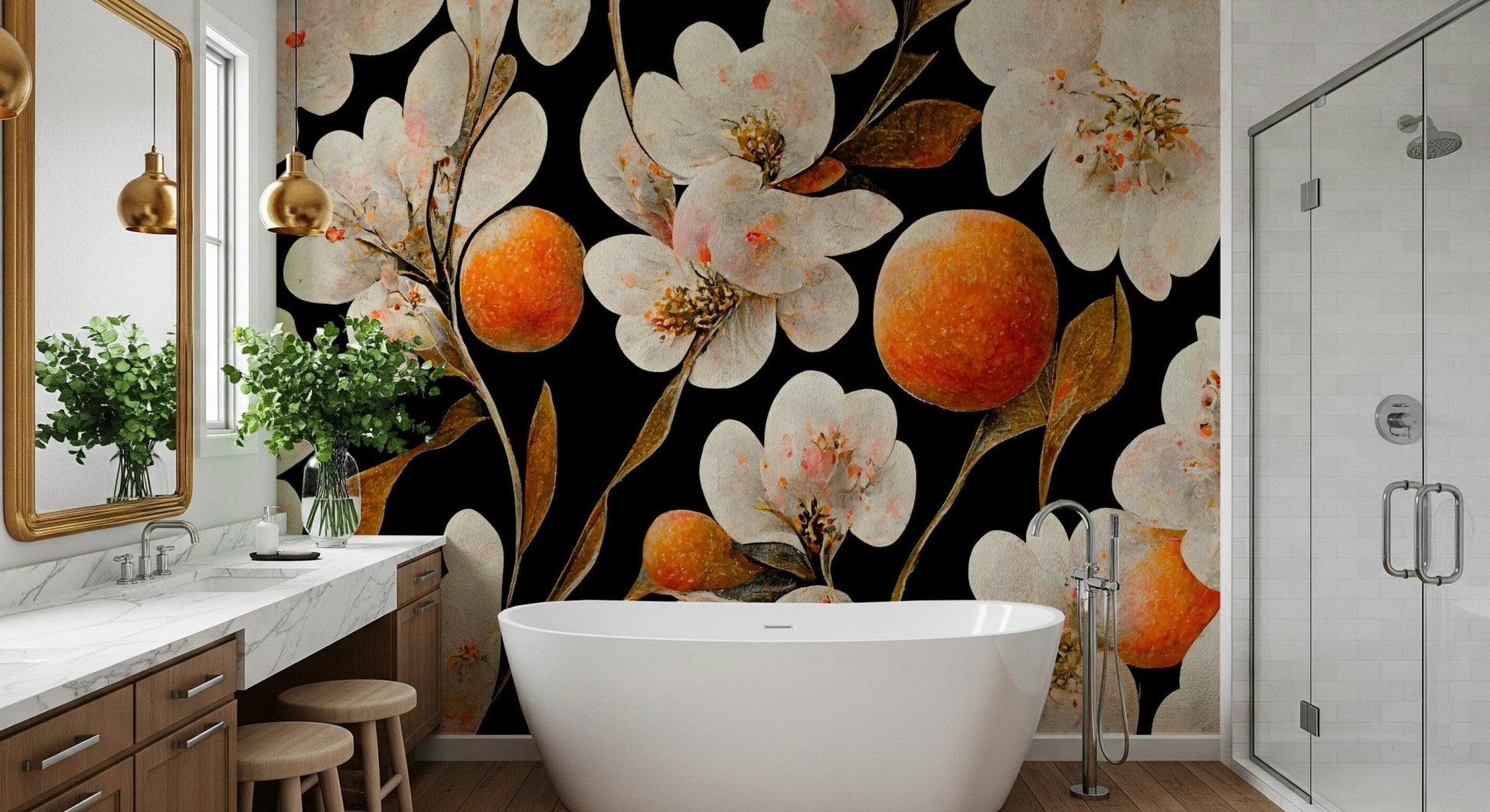 An artistic citrus bloom mural on minimalist wallpaper., GD5303