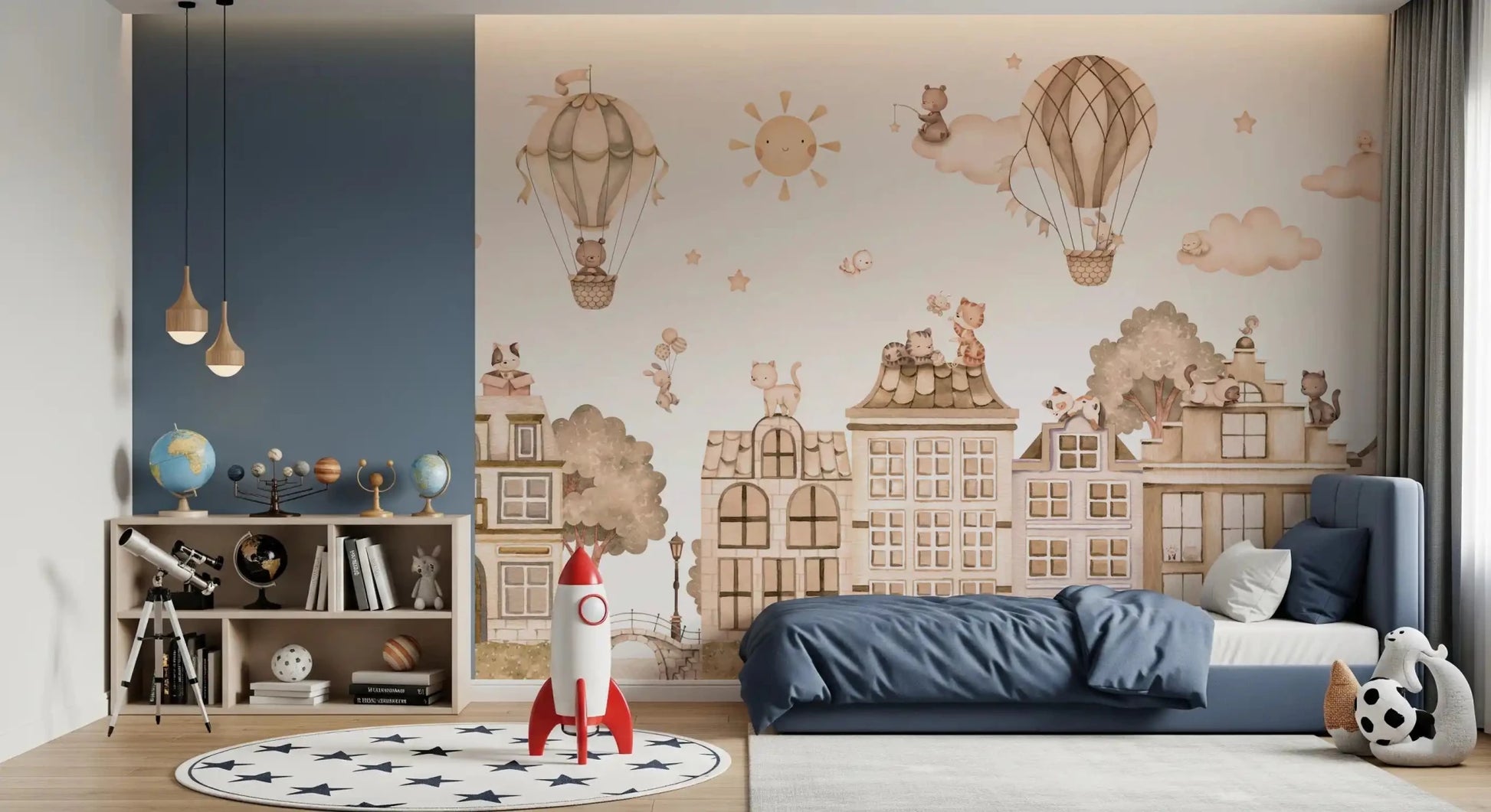 Bedroom styled in City Cats Mono wall mural with cat rooftops