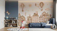 Bedroom styled in City Cats Mono wall mural with cat rooftops