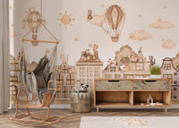 Hallway wall with City Cats Mono wall mural and soft tones
