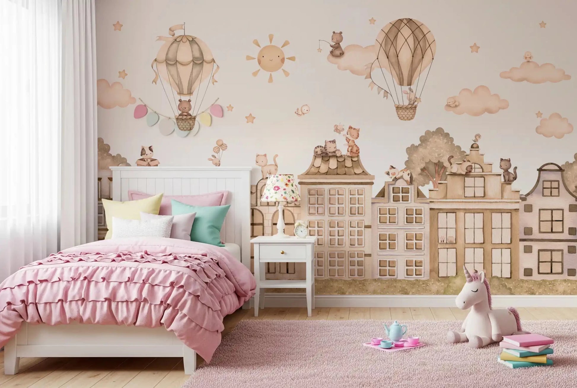 Neutral cityscape City Cats Mono wall mural with playful details