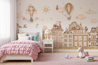 Neutral cityscape City Cats Mono wall mural with playful details