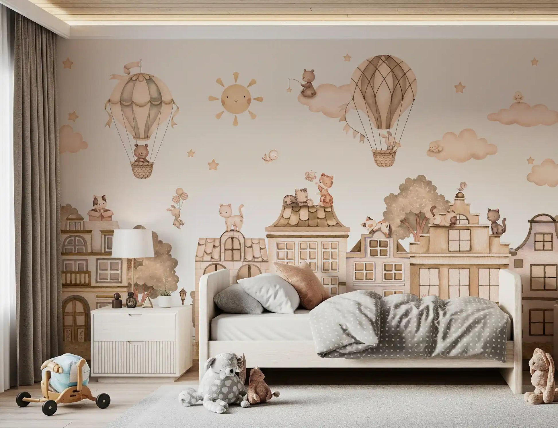 Illustrated cats and buildings in City Cats Mono wall mural