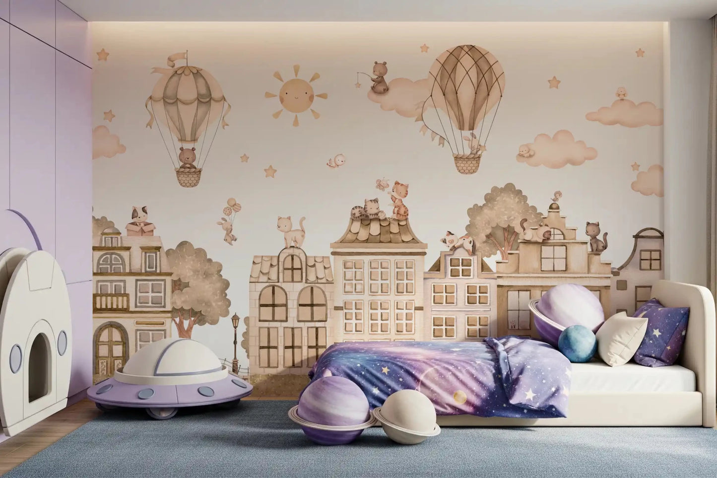 Calm illustrated City Cats Mono wall mural with city elements