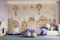 Calm illustrated City Cats Mono wall mural with city elements