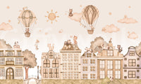 Soft toned City Cats Mono wall mural with sky and buildings