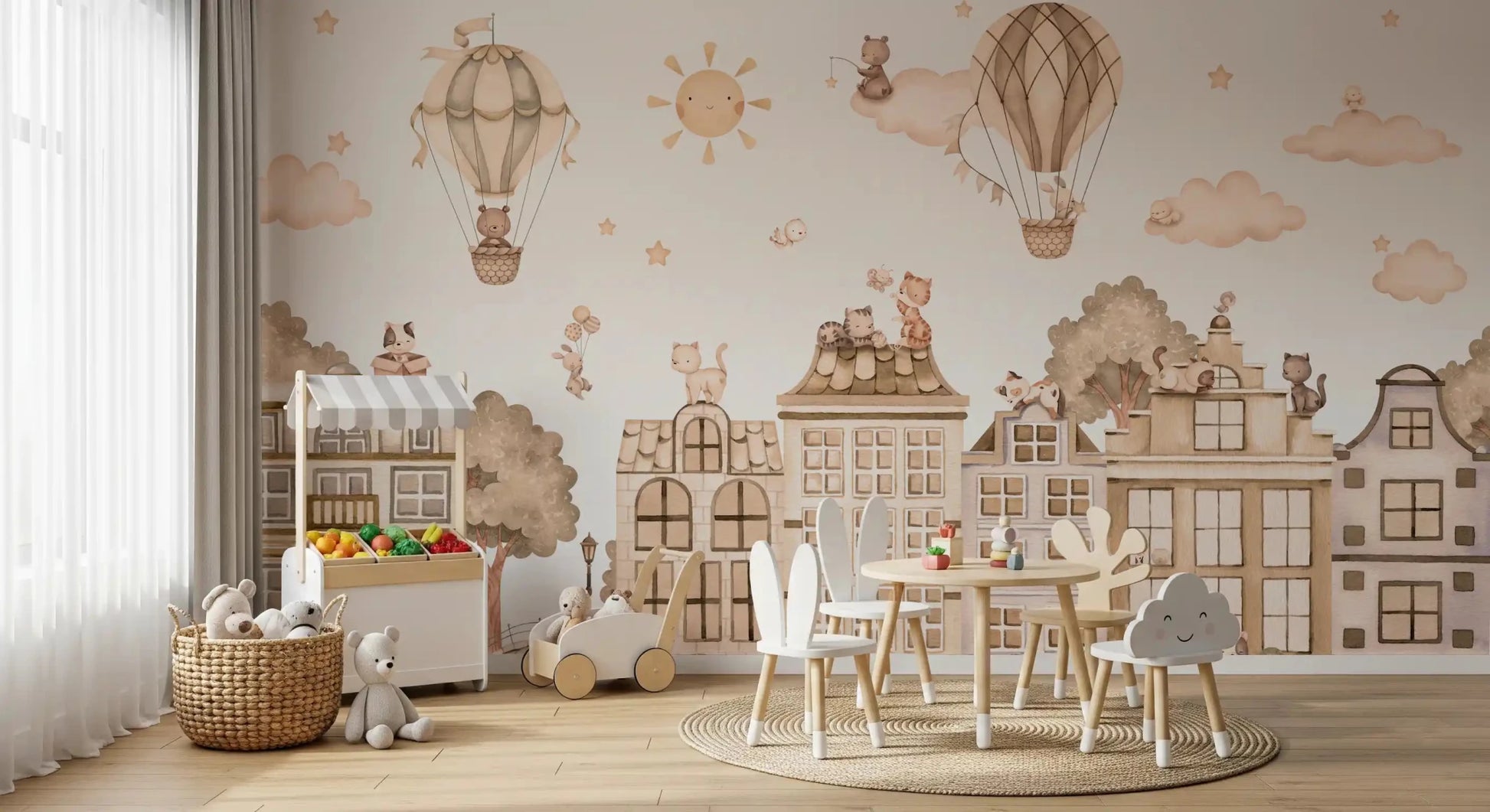 Kids room with City Cats Mono wall mural and playful city scene