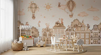 Kids room with City Cats Mono wall mural and playful city scene