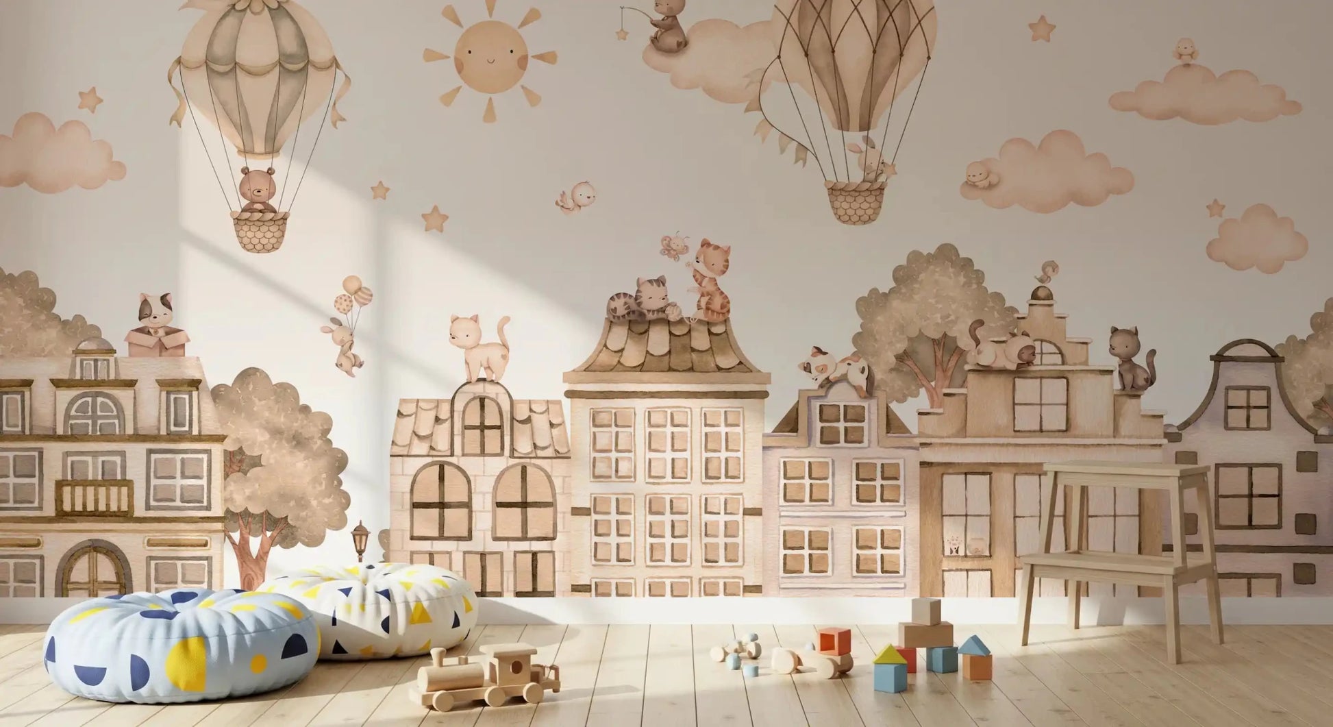 Kids bedroom showing City Cats Mono wall mural and neutral buildings