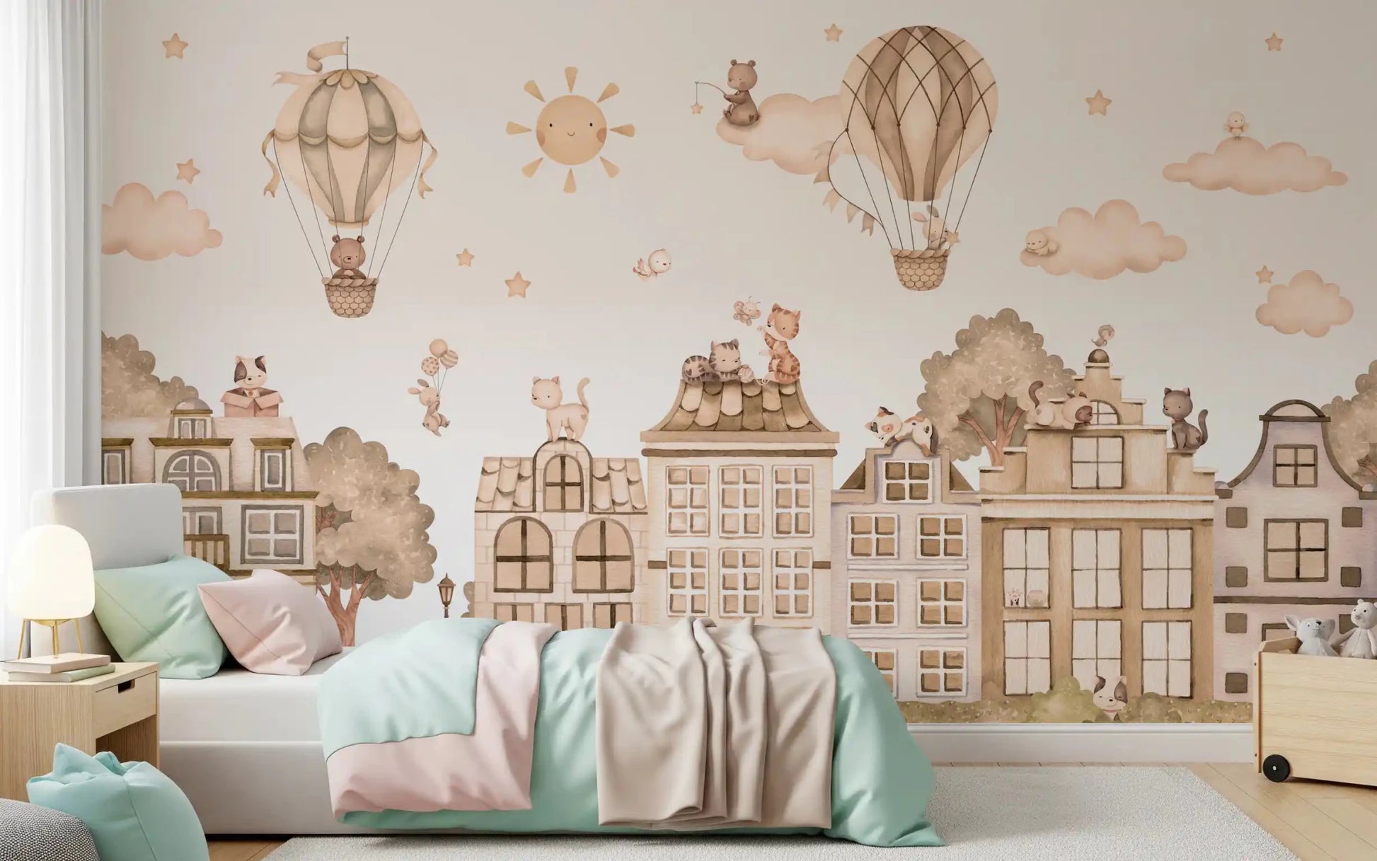 City Cats Mono wall mural with hot air balloons and cats