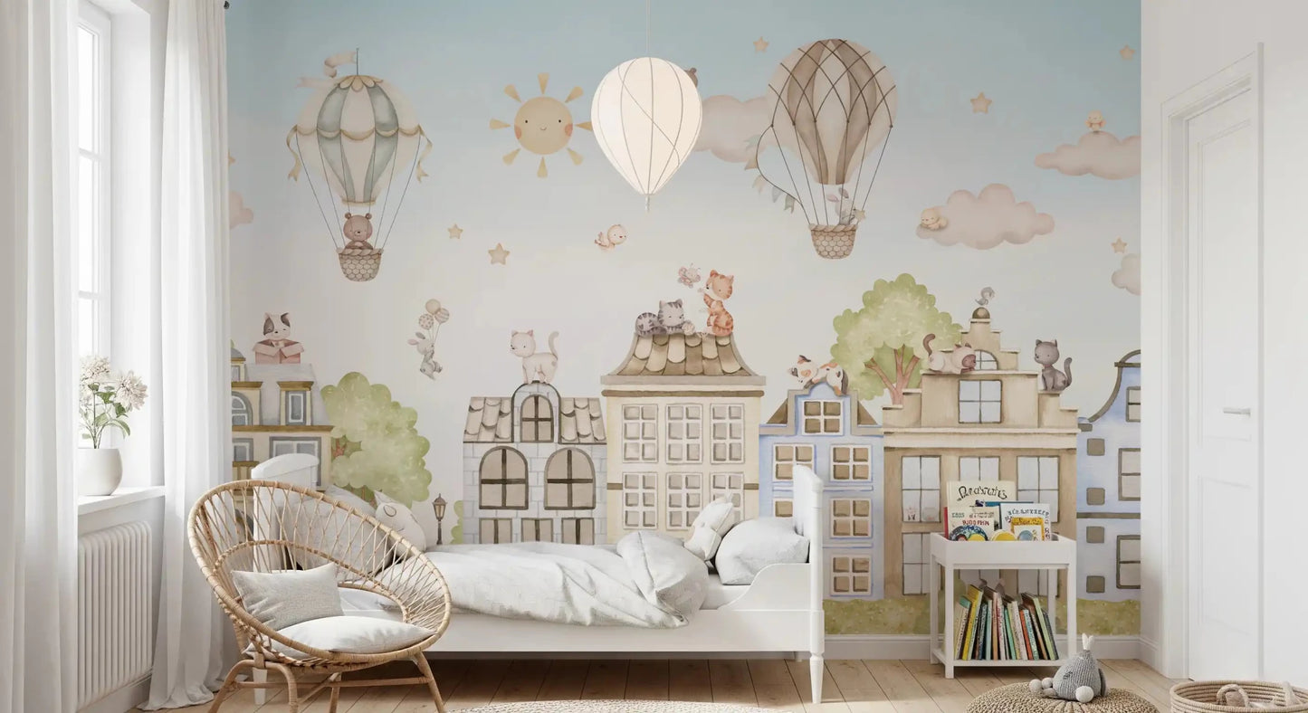 Calm illustrated City Cats wall mural with city details, GD9175
