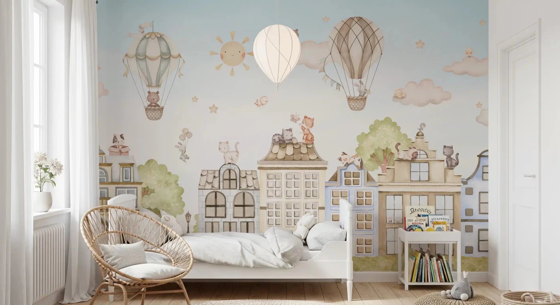 Calm illustrated City Cats wall mural with city details, GD9175