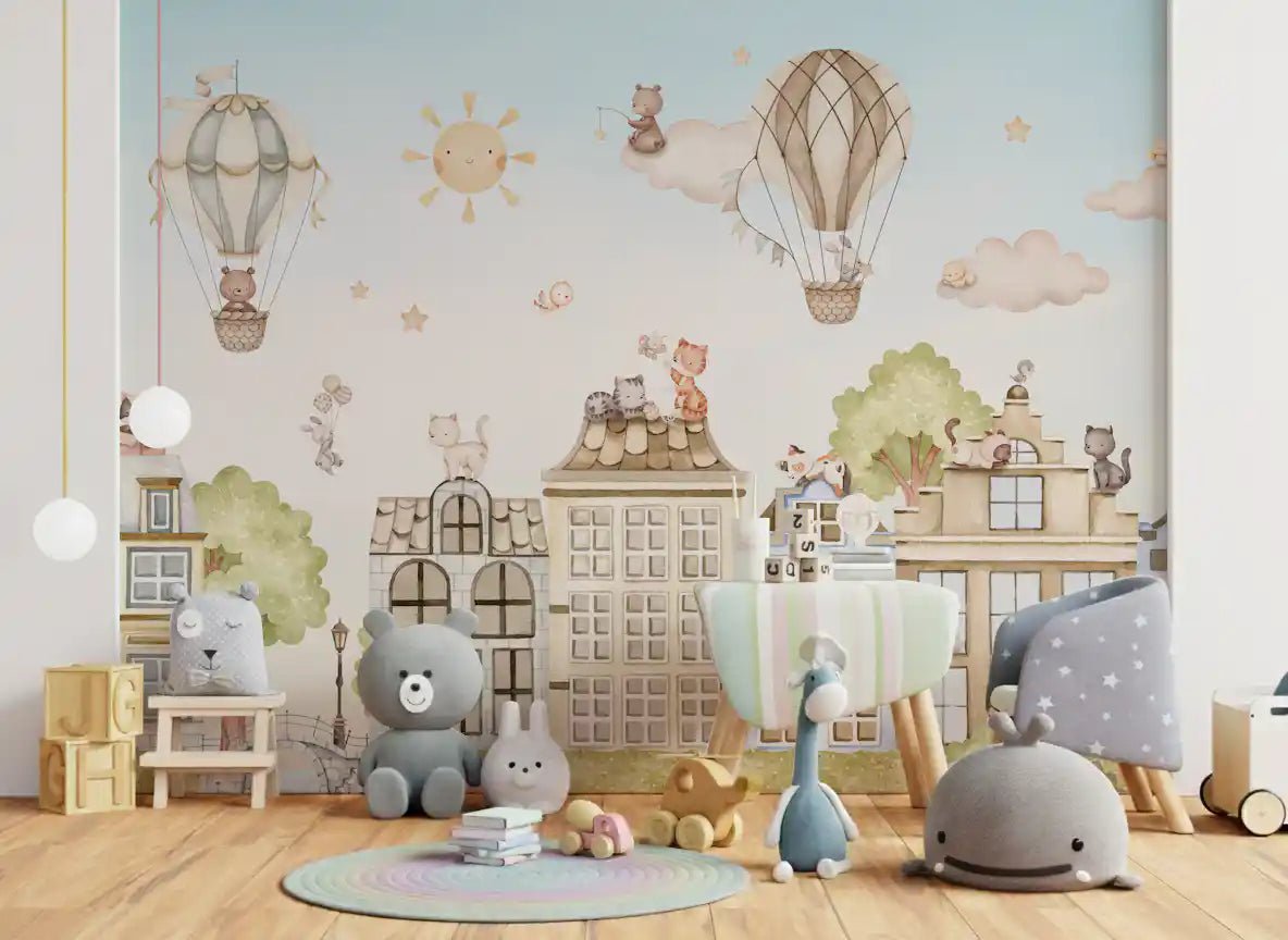 Illustrated buildings and cats in City Cats wall mural, GD9175