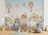 Illustrated buildings and cats in City Cats wall mural, GD9175
