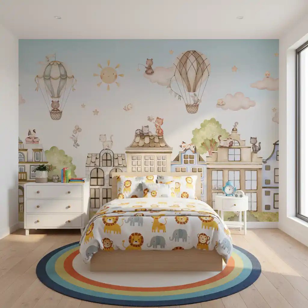 Boys room showing City Cats wall mural and soft blue sky, GD9175