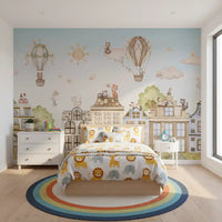 Boys room showing City Cats wall mural and soft blue sky, GD9175