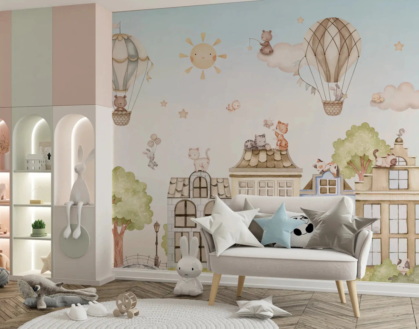 Play room wall with City Cats wall mural and light tones, GD9175