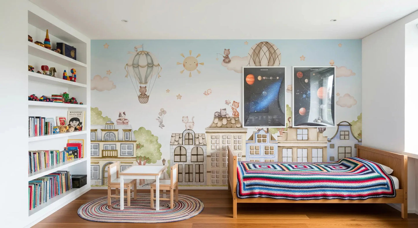City Cats wall mural with hot air balloons and rooftops, GD9175
