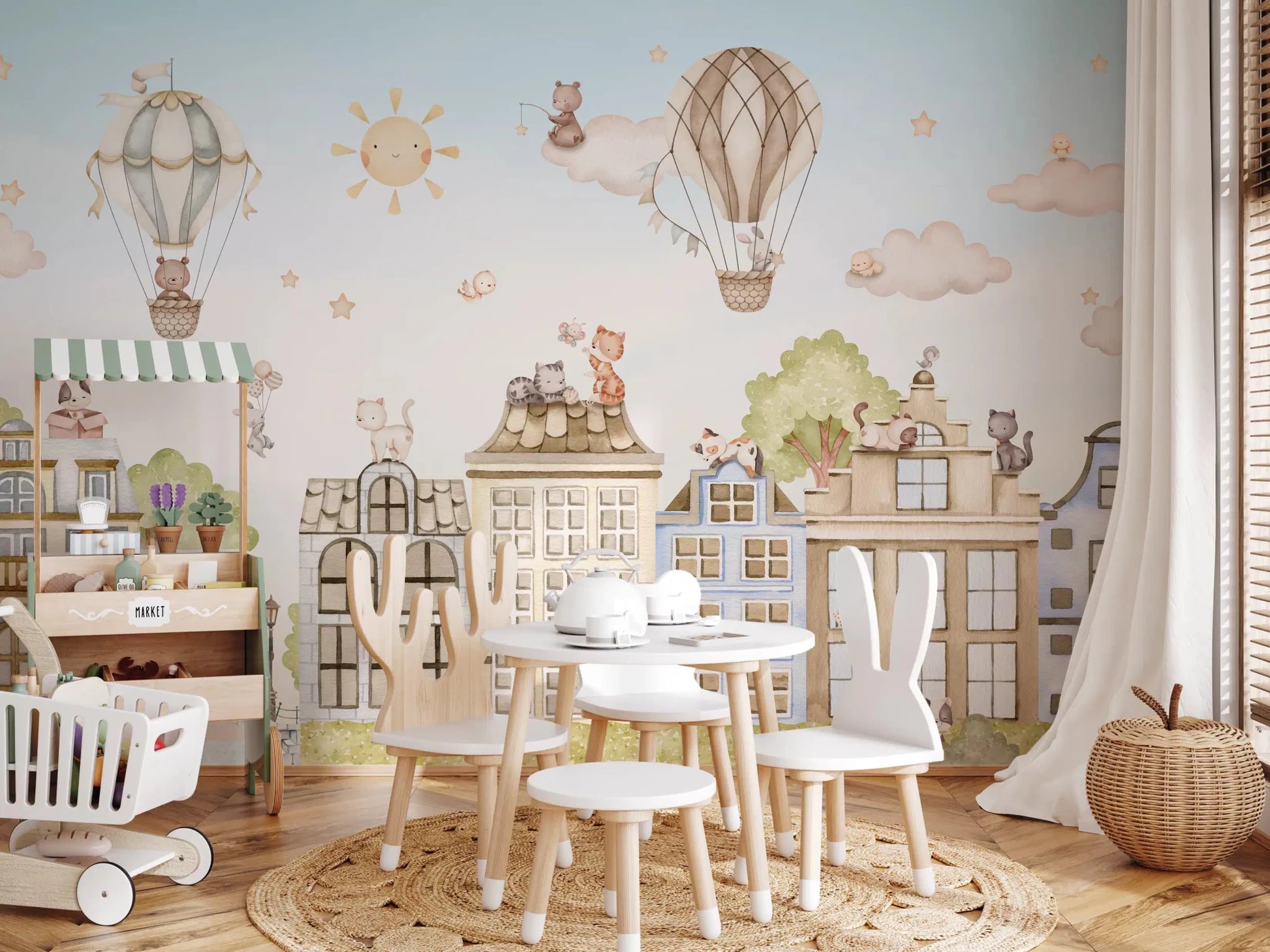 Soft blue sky City Cats wall mural with floating balloons, GD9175