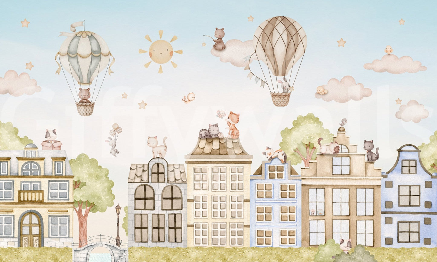 Light toned City Cats wall mural with trees and buildings, GD9175