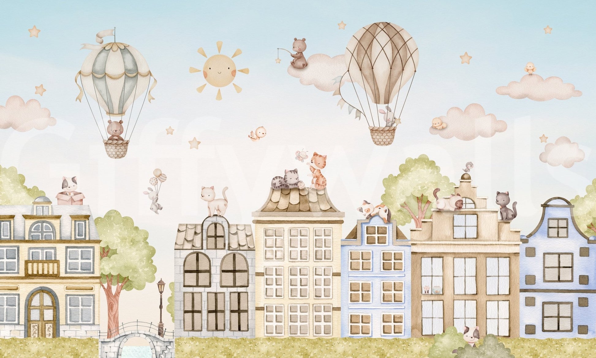 Light toned City Cats wall mural with trees and buildings, GD9175