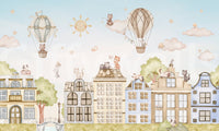 Light toned City Cats wall mural with trees and buildings, GD9175