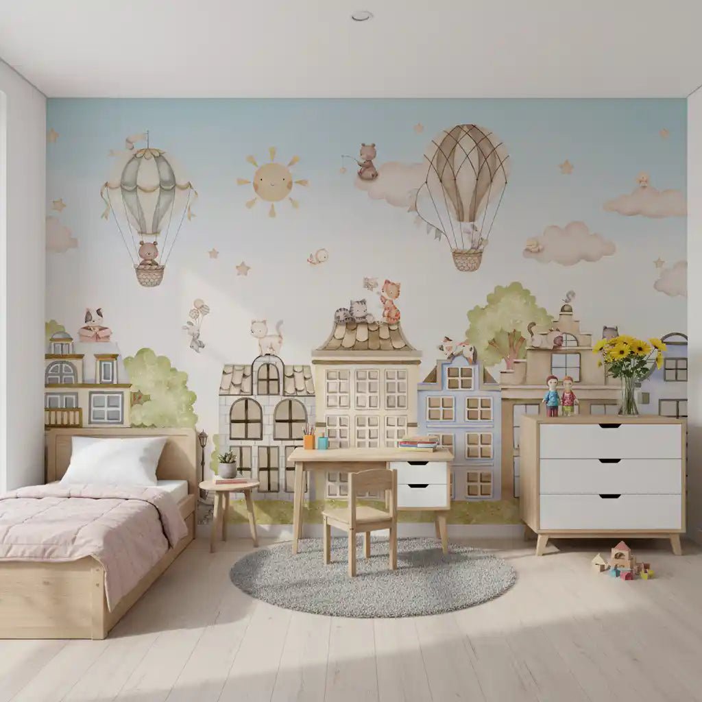 Bedroom with City Cats wall mural and pastel sky scene, GD9175