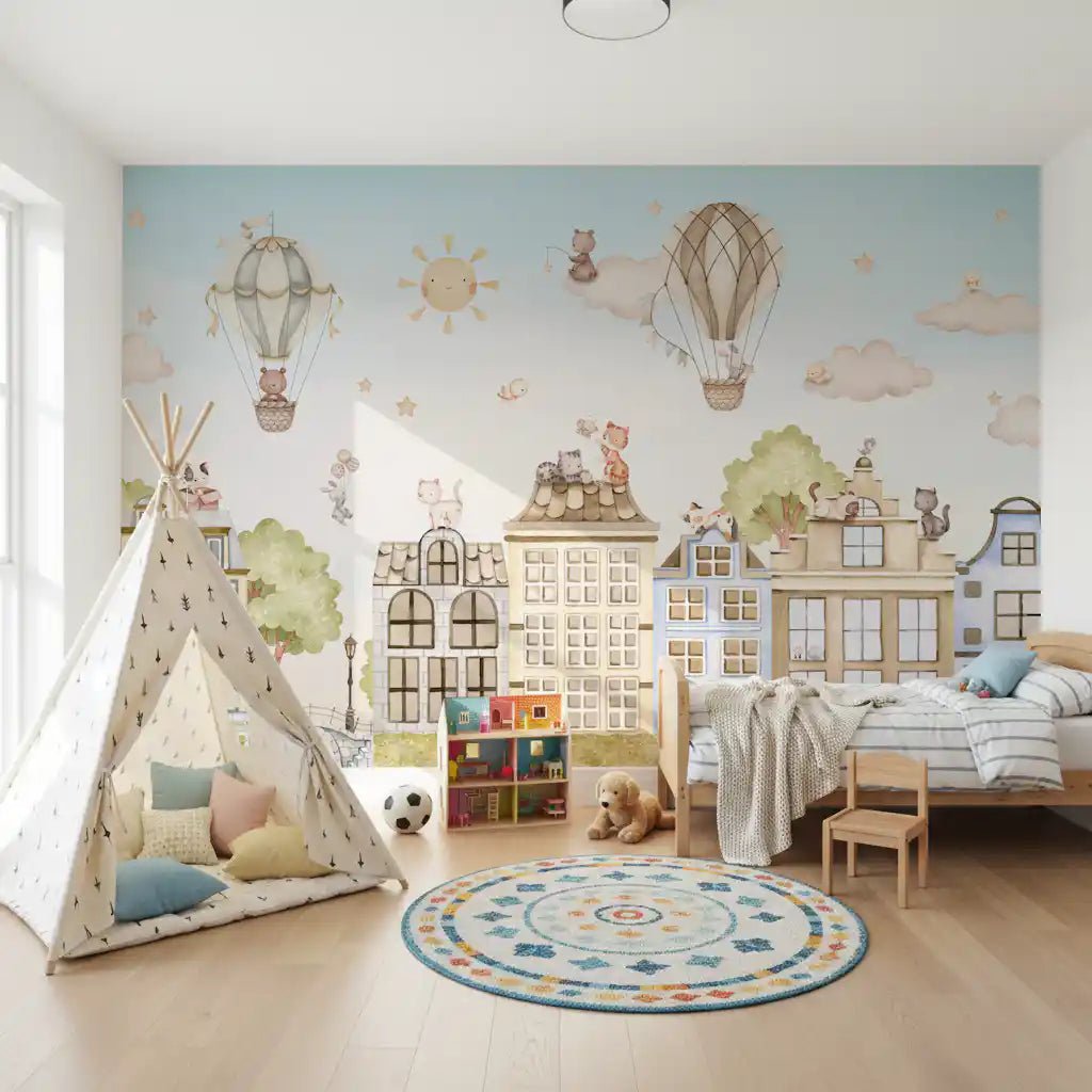 Pastel cityscape City Cats wall mural with cat characters, GD9175