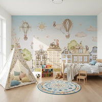 Pastel cityscape City Cats wall mural with cat characters, GD9175