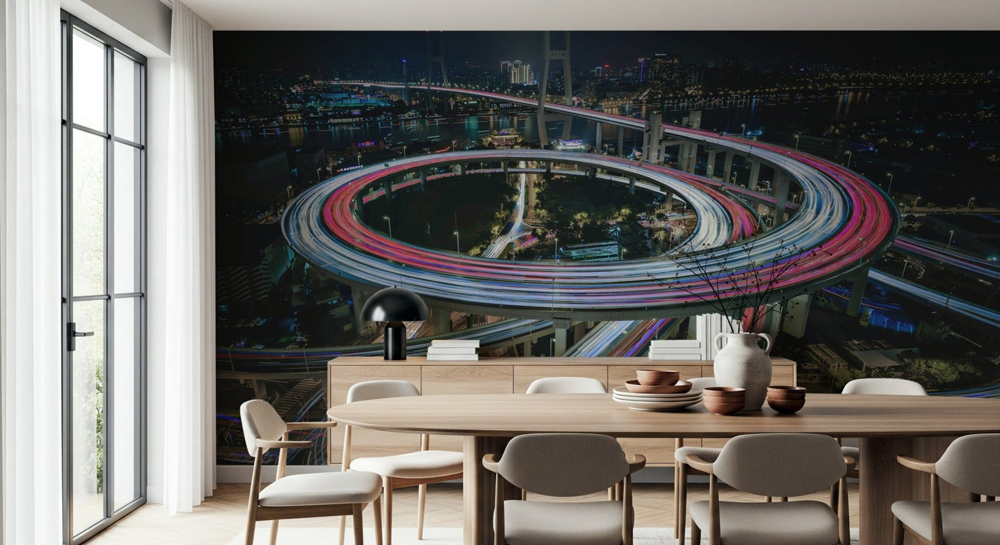 A peaceful modern abstract mural on decorative wallpaper.