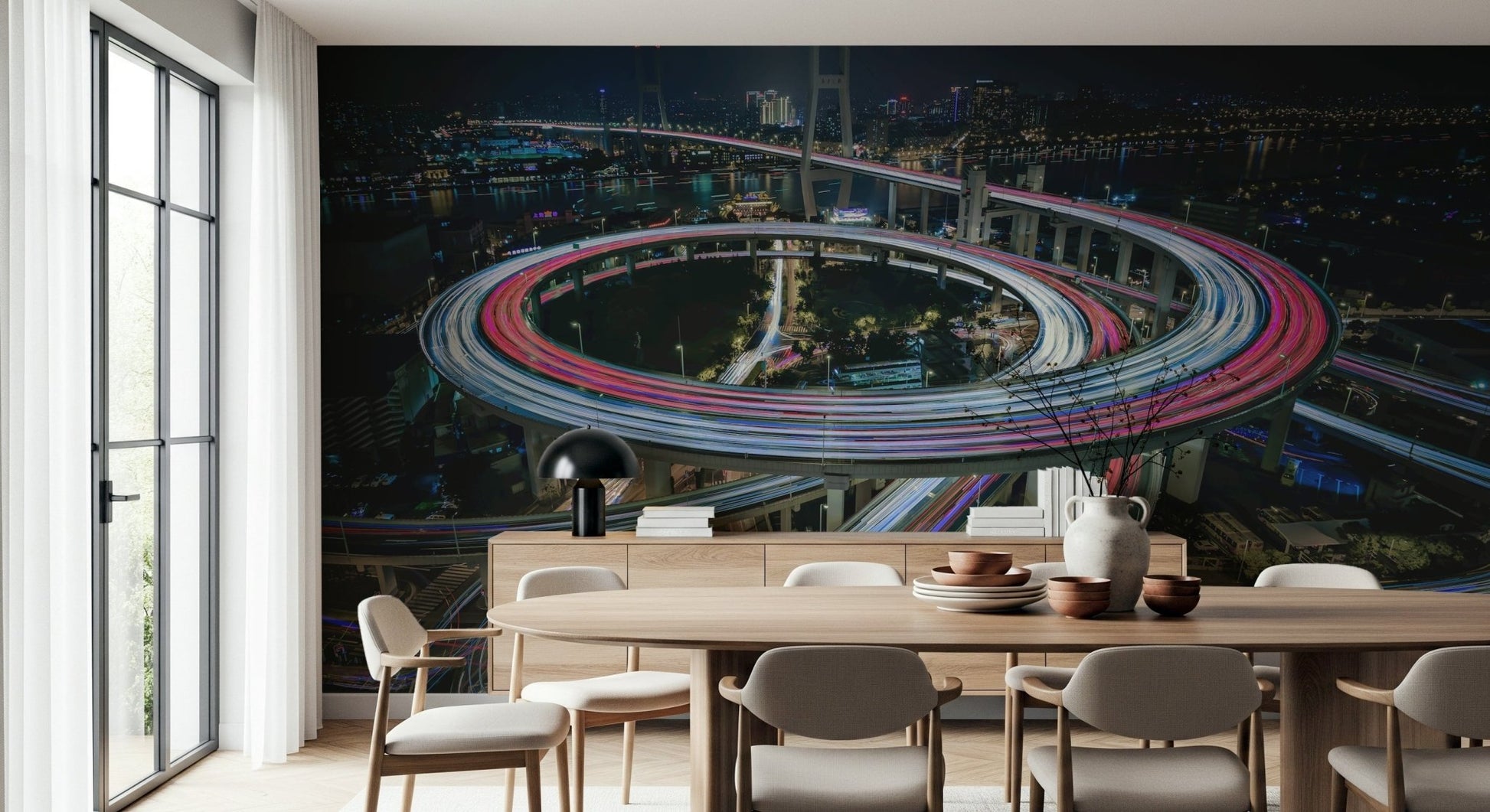 A peaceful modern abstract mural on decorative wallpaper.
