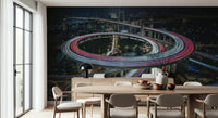 A peaceful modern abstract mural on decorative wallpaper.
