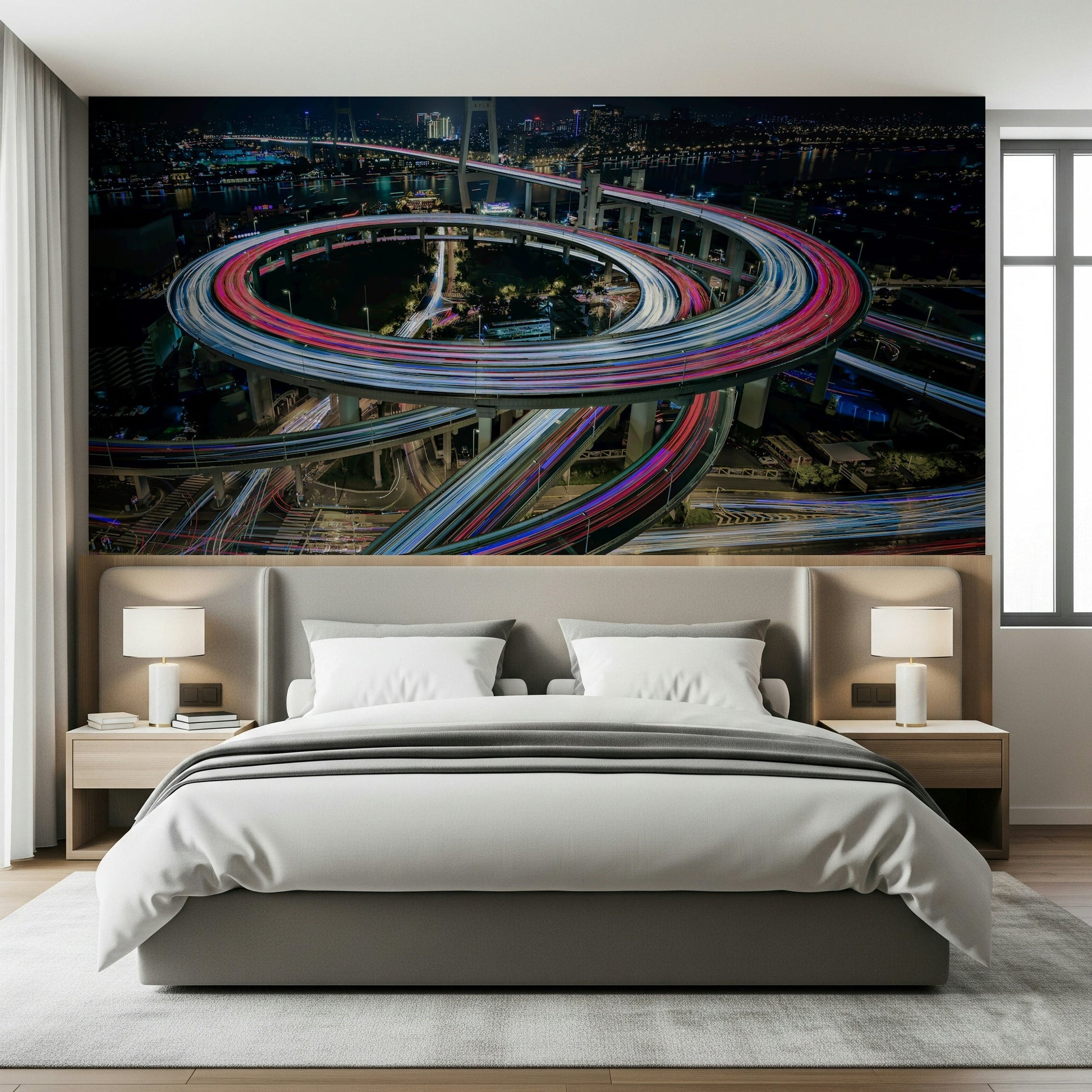 A calming abstract design wallpaper mural that defines a space.
