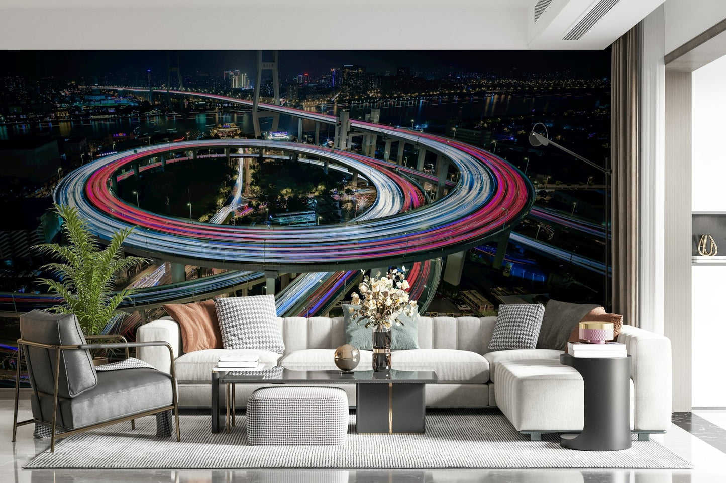 An artistic soft focus city mural on minimalist wallpaper.