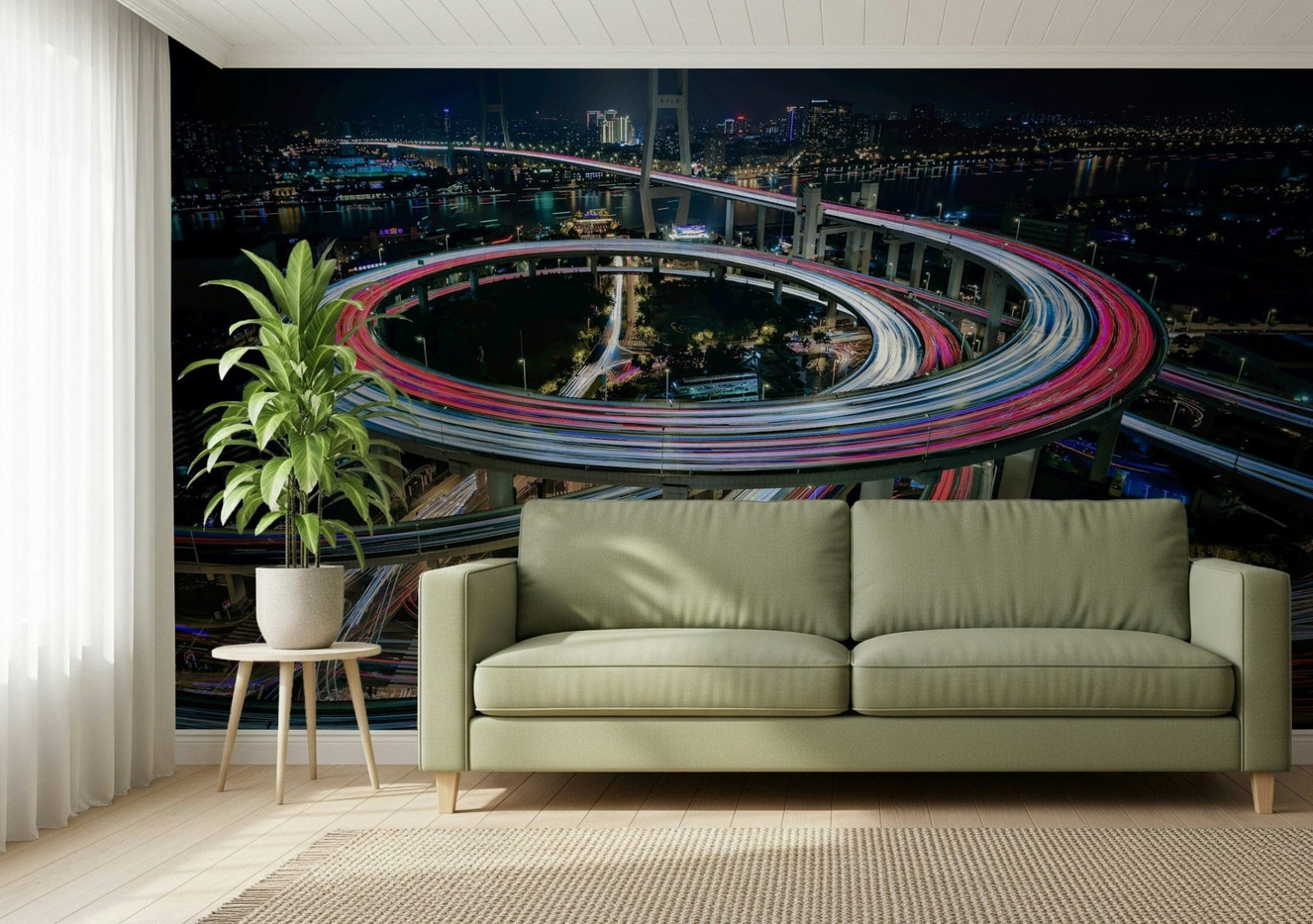 A beautiful abstract city wallpaper mural featuring flowing light trails from moving vehicles.