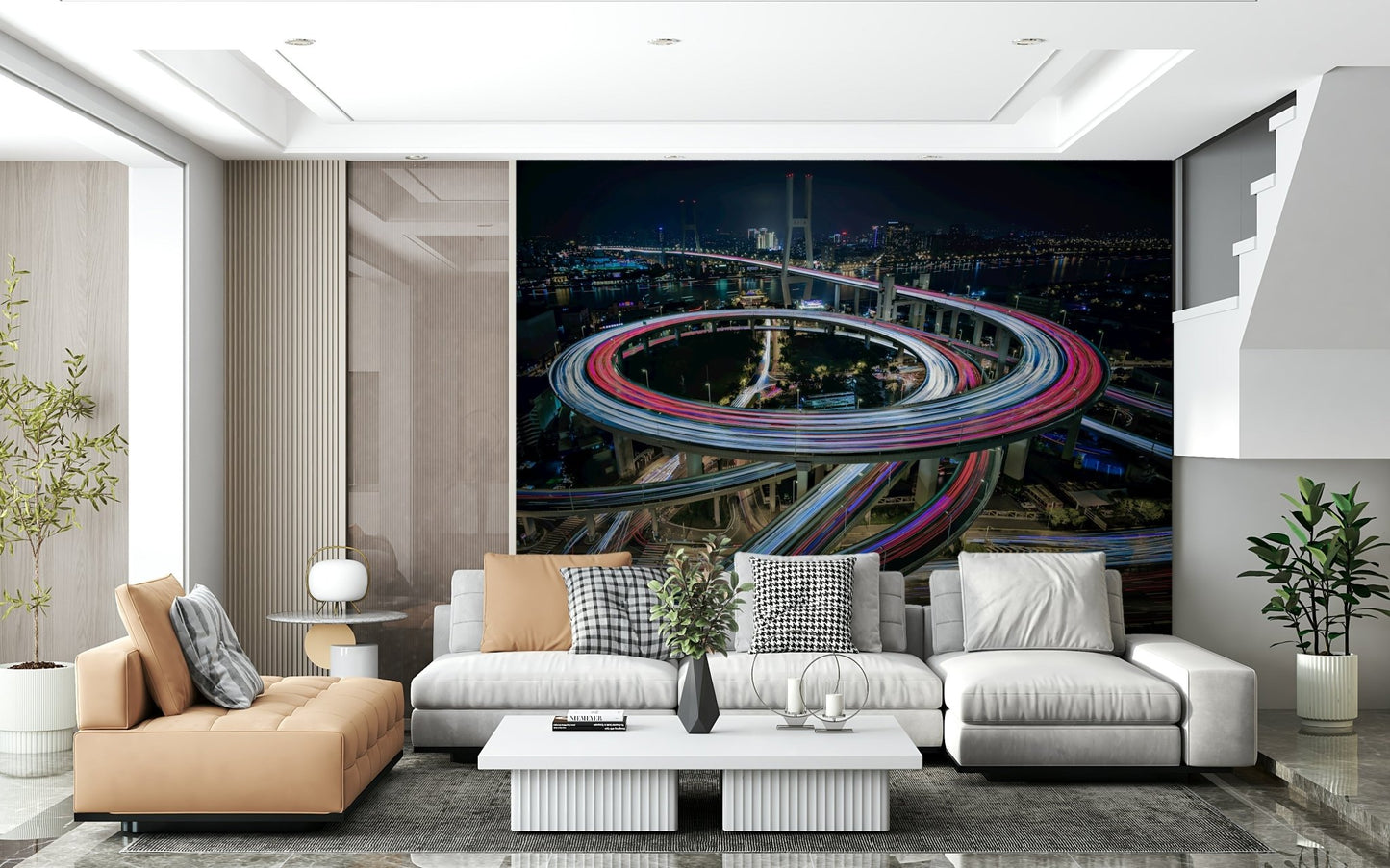 A graceful subtle light wall mural in cool, dark tones with vibrant light streaks.