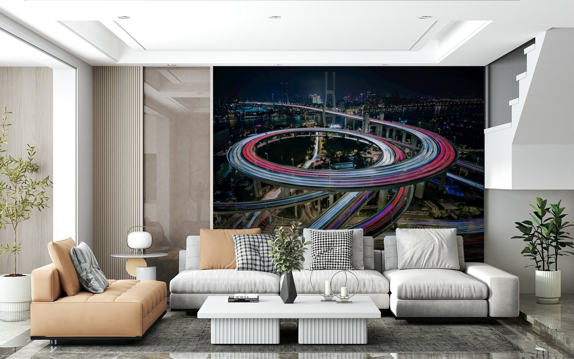 A graceful subtle light wall mural in cool, dark tones with vibrant light streaks.