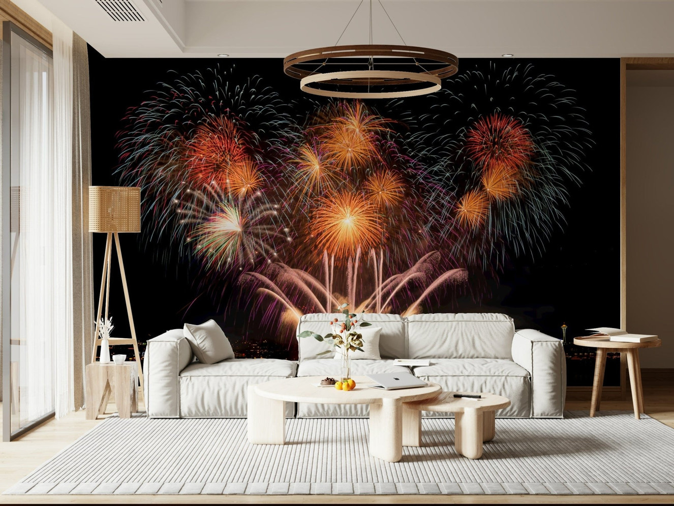 A beautiful abstract urban wallpaper mural with sparkling city light effects.