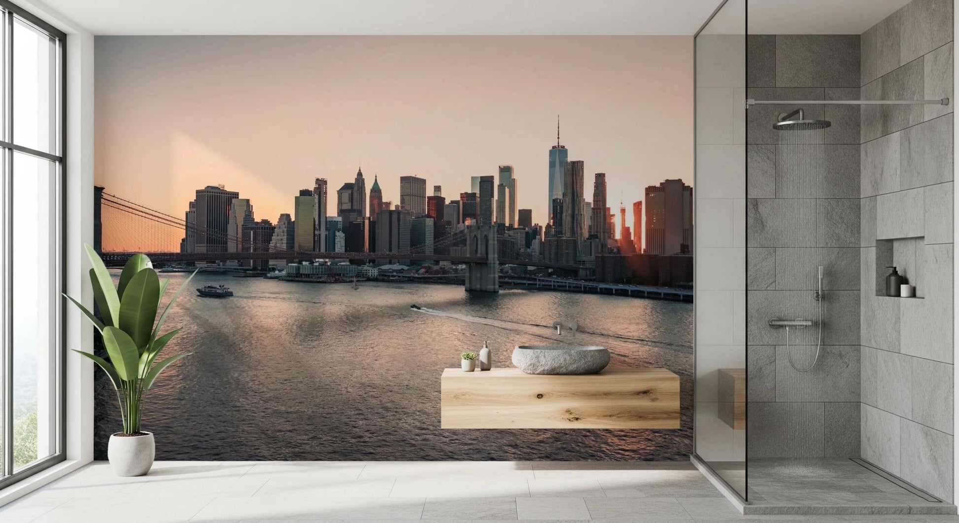 Framed by glass, City Lights at Dawn Wall Mural adds a quiet city-water view