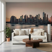 A clean sitting area pairs naturally with City Lights at Dawn Wall Mural scenery